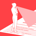 Woman with laser vision standing on a paper form