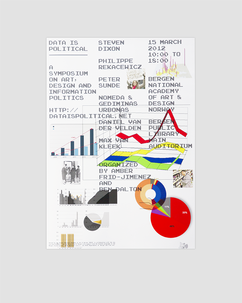 figure 1. Data is Political: A Symposium on Art, Design and Information Politics, organized by Amber Frid-Jimenez and Ben Dalton. Bergen Public Library. Bergen, Norway, 2012. Poster design by Ina Kwon.