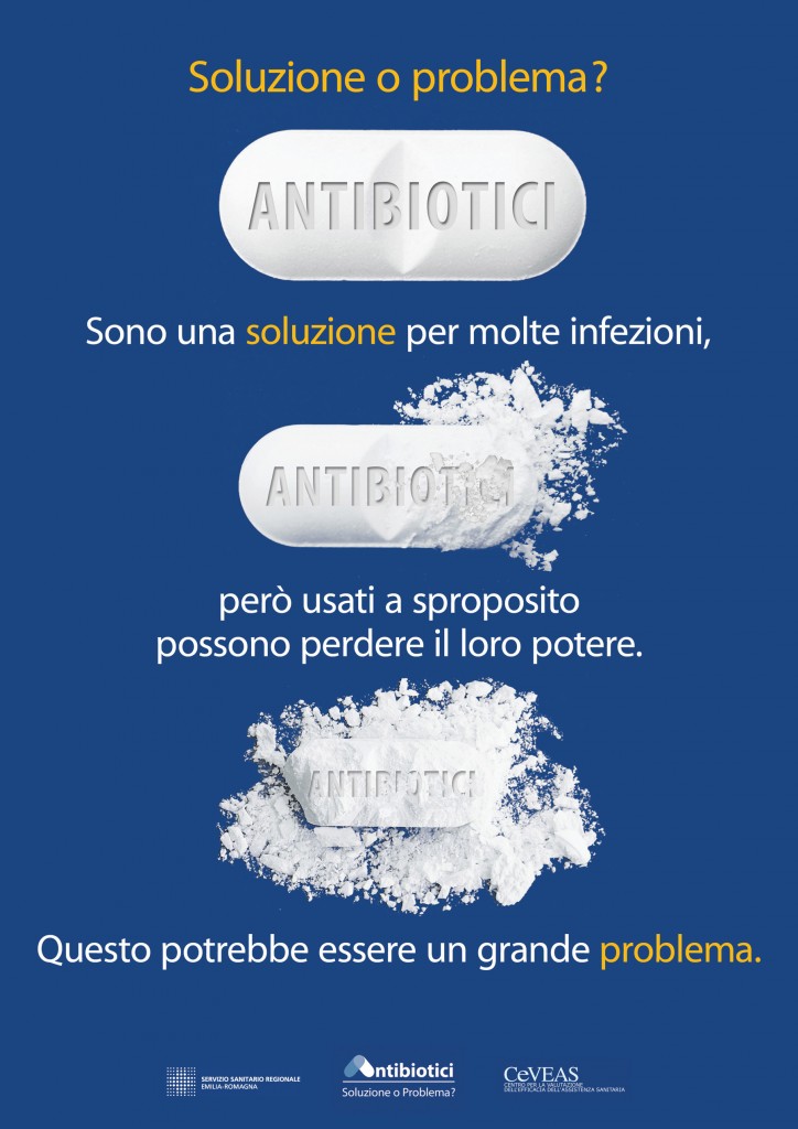 Figure 5. A poster showing the key slogan "Antibiotics: solution or problem?" Conspicuity, based on a visual analysis of competing posters and legibility, based on reading distances in pharmacies and waiting rooms, guided the design of the poster.